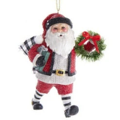 Kurt Adler Gingham Holiday Santa With Wreath Ornament