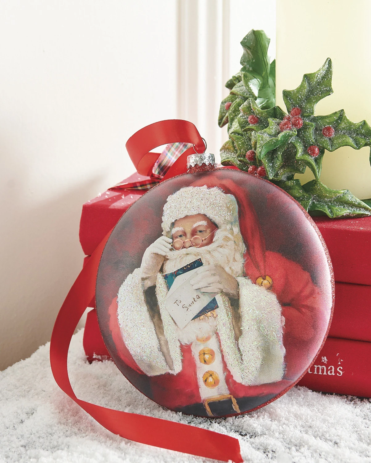 Raz 6" Santa Reading Letter Disc Glass Christmas Ornament 4252887 1 Raz 6" Santa Reading Letter Disc Glass Christmas Ornament 4252887