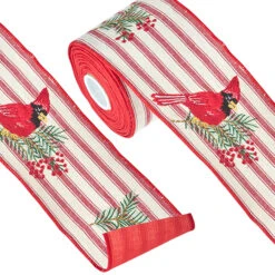Raz 4" Ticking Stripe Cardinal Embroidered Wired Christmas Ribbon R4227725 -Christmas Central R4227725 1 07179.1651091681